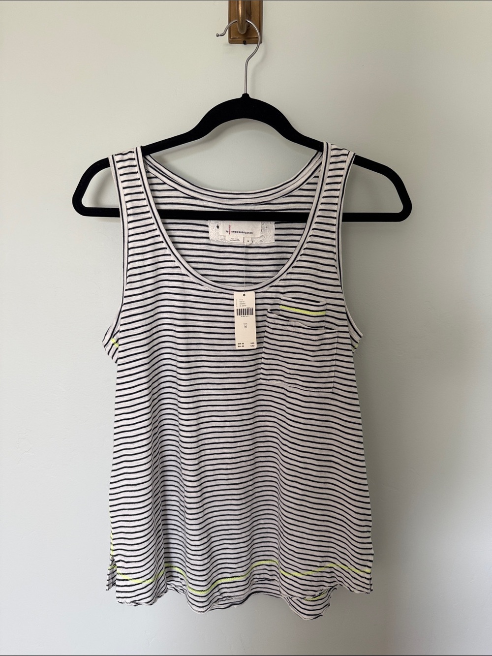 Anthropologie Striped Scoop-Neck Tank Top - White, Black & Neon Yellow